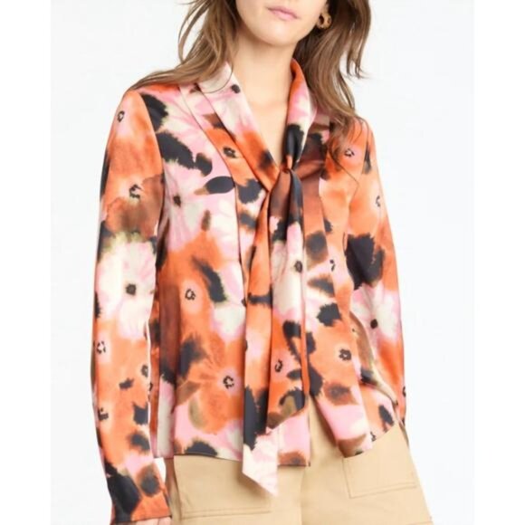 Tanya Taylor Canyon Tie-Neck Blouse Watercolor Poppy Print Size XS - Picture 1 of 14